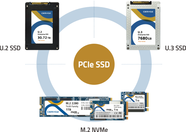 A picture shows examples of U.2, U.3, and M.2 NVMe SSDs.